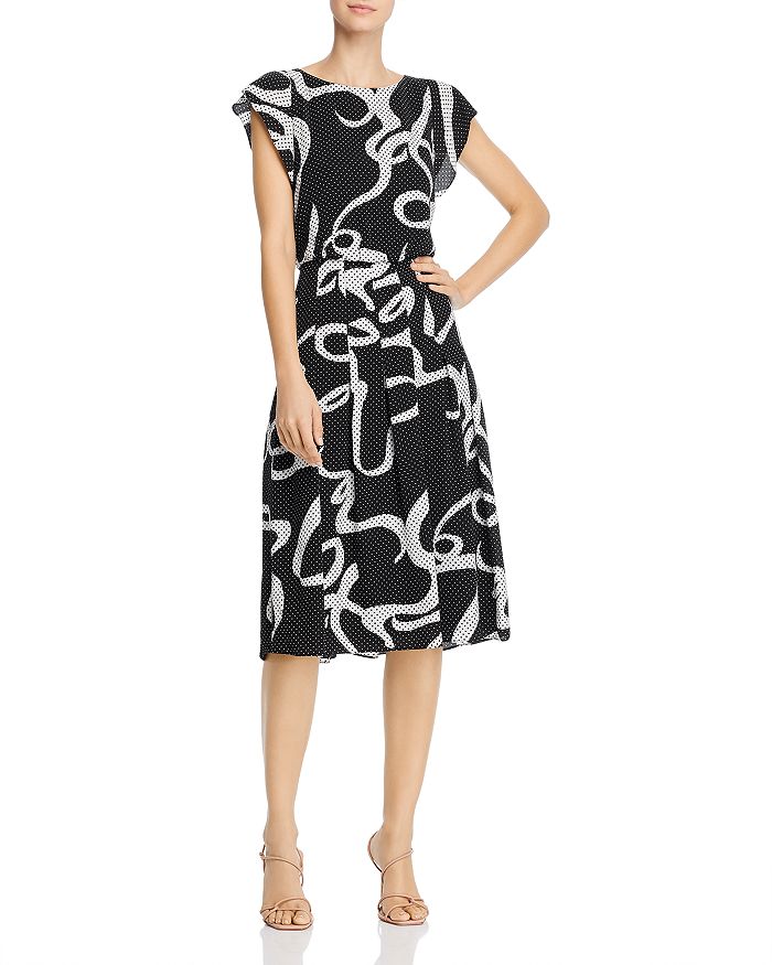 Adrianna Papell Dotted Ribbon Print Midi Dress In Black Multi