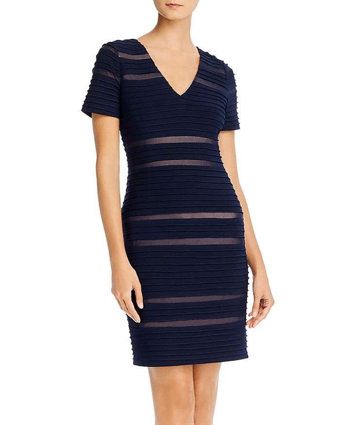 Adrianna Papell Pintucked Spliced Sheath Dress In Blue Moon/bisque