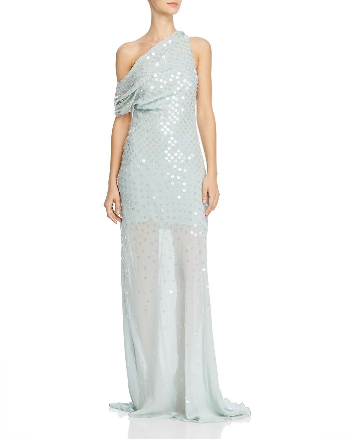 CUSHNIE ONE-SHOULDER SHEER GOWN WITH IRIDESCENT PAILLETTES,120305G-13