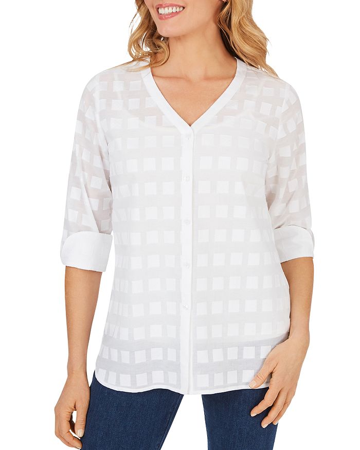 Foxcroft Asher V-Neck Clipped-Square Cotton Top | Bloomingdale's