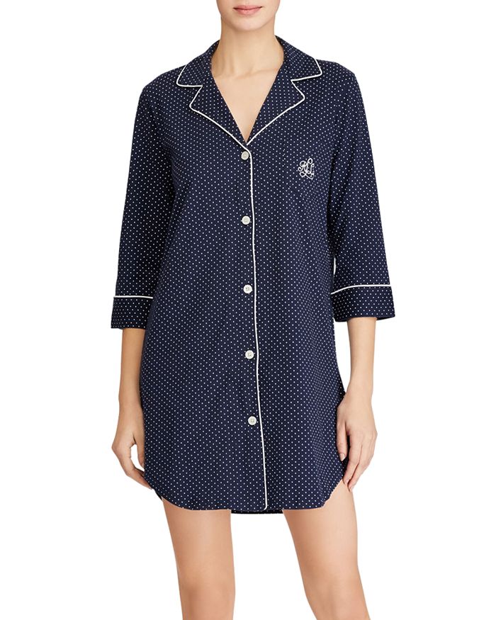 Ralph Lauren Lauren  Bingham Knits Cotton Sleepshirt In Navy Dot