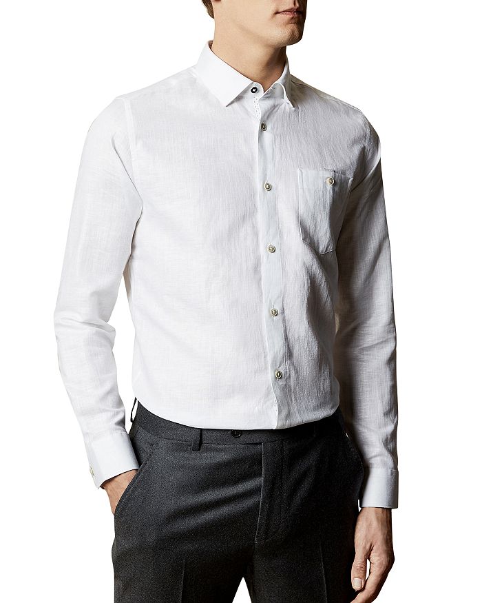 Ted Baker Tiptoe Linen-blend Slim Fit Button-down Shirt In White