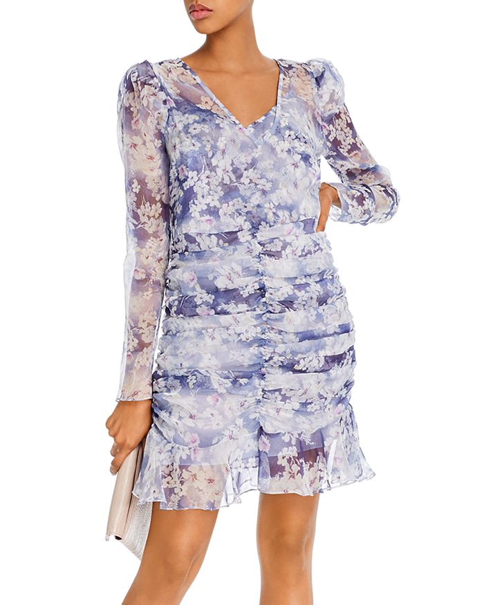 Aqua Ruched Puff-sleeve Dress - 100% Exclusive In Gray/pastel Floral
