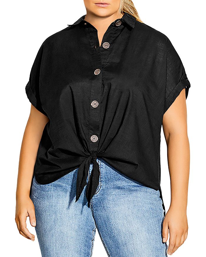 CITY CHIC PLUS KNOT-FRONT COLLARED SHIRT,200836