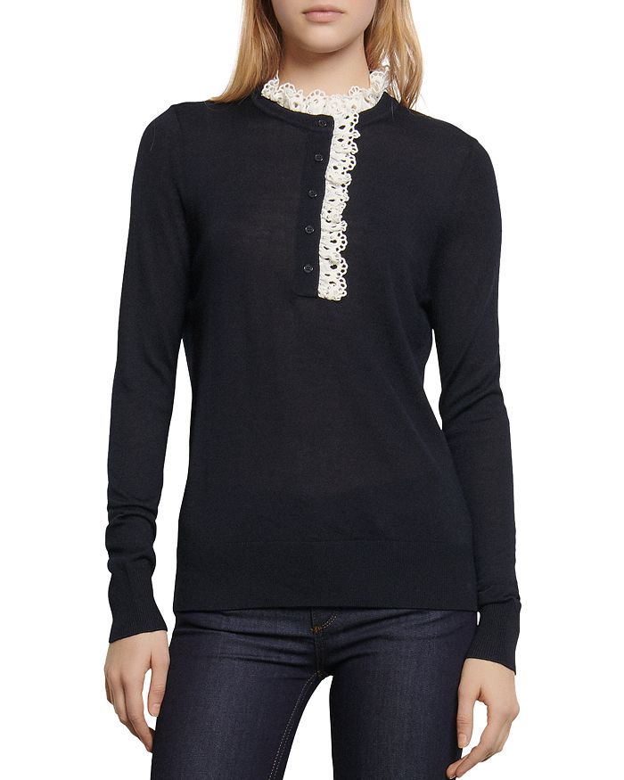 SANDRO COLANE BRODERIE ANGLAISE DETAIL SWEATER,SFPPU00372