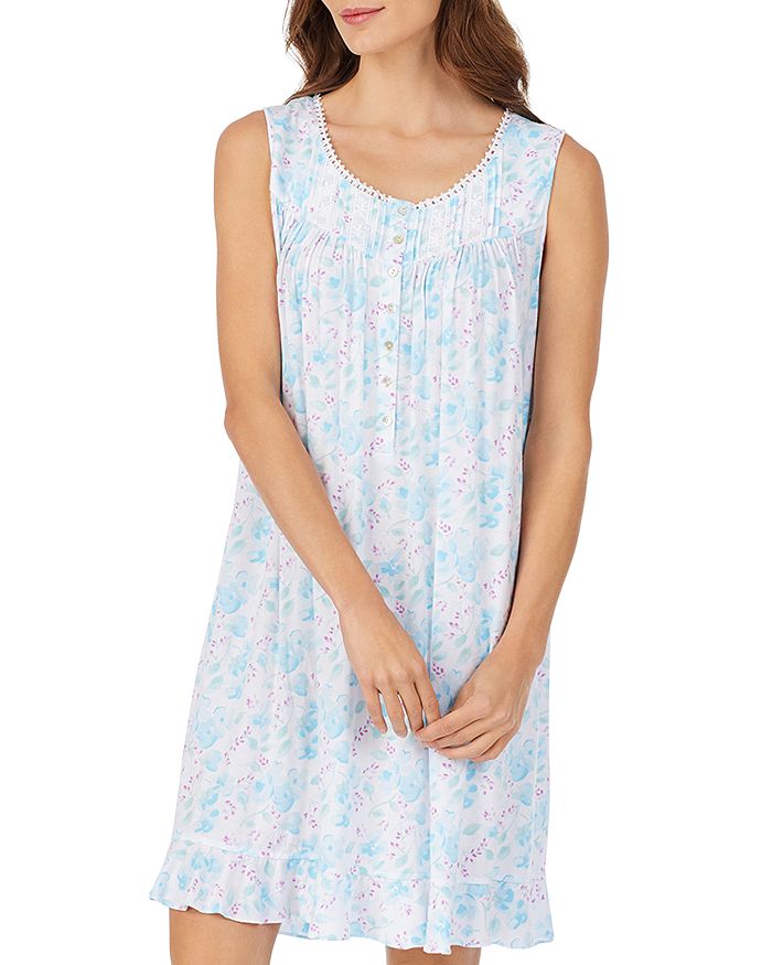 Eileen West Floral Print Nightgown In Aqua Multi