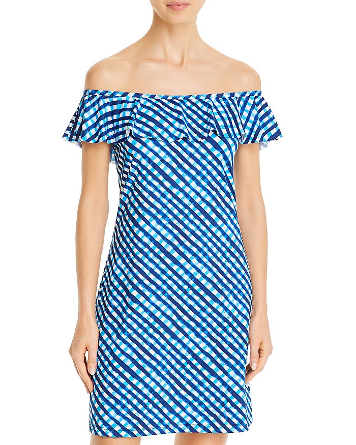 TOMMY BAHAMA GINGHAM RUFFLED OFF-THE-SHOULDER COVER-UP DRESS,SS500089