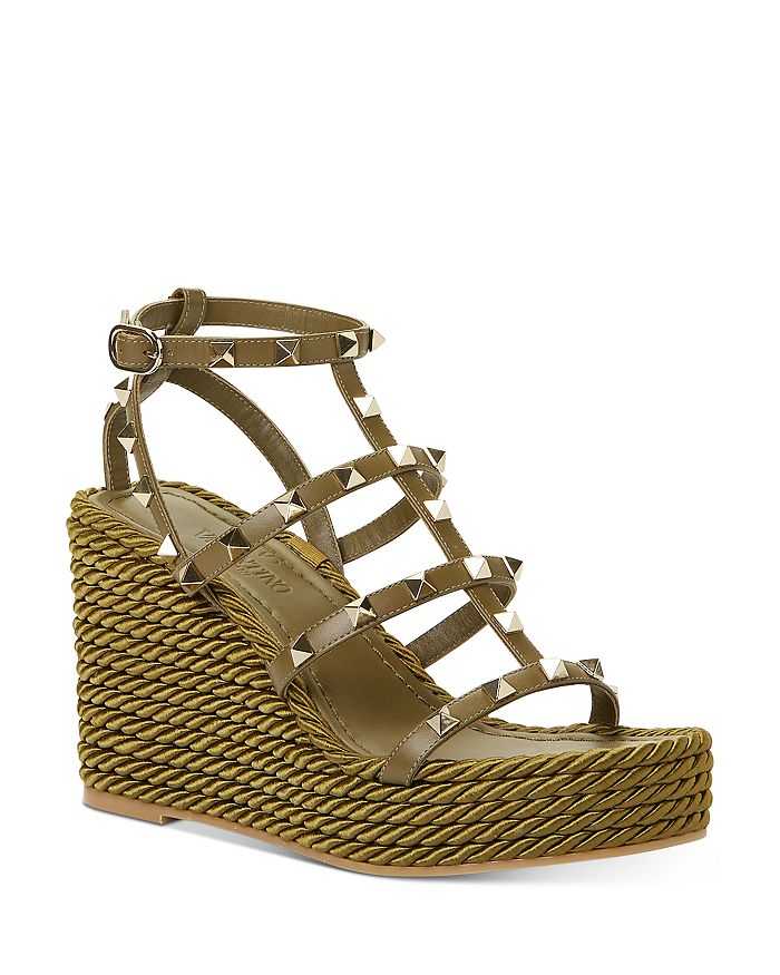 Valentino Garavani Women's Rockstud Torchon Espadrille Wedge Platform Sandals In Army Green