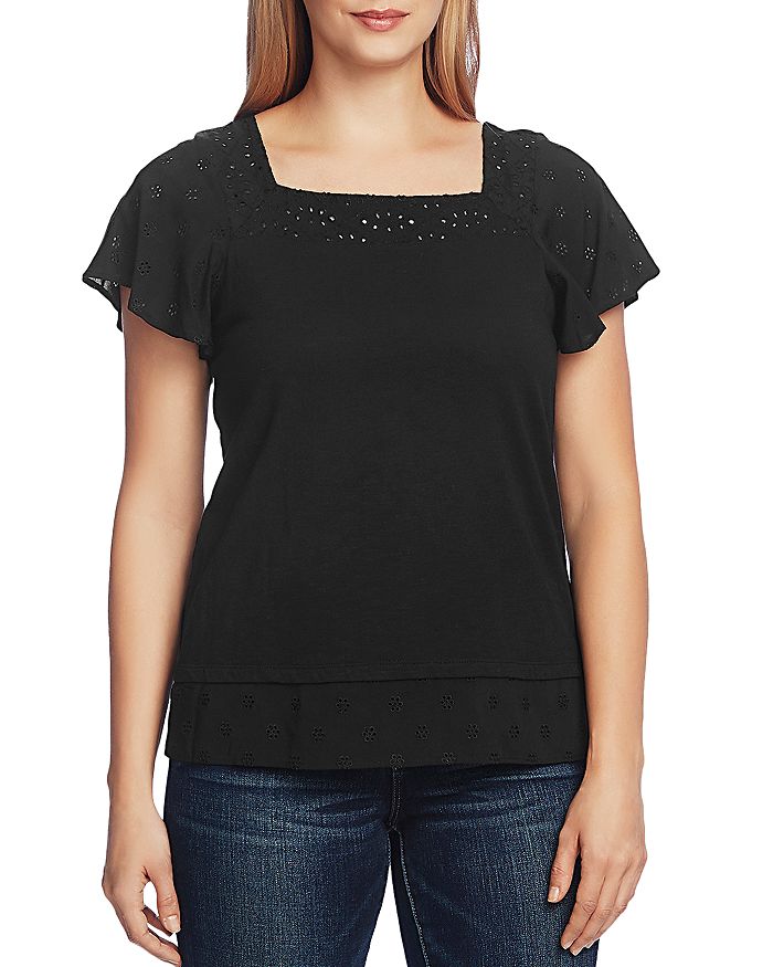 VINCE CAMUTO SQUARE-NECK EYELET-TRIM TOP,9020631