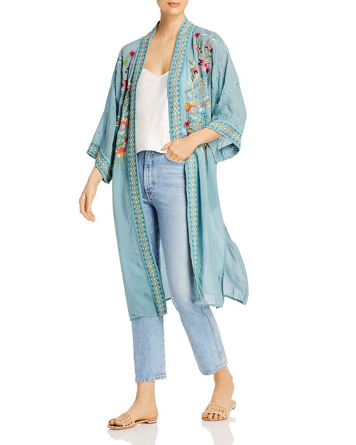 Johnny Was Summer Embroidered Long Kimono In Sky Blue