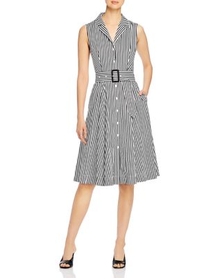 T Tahari - Striped Belted Shirt Dress