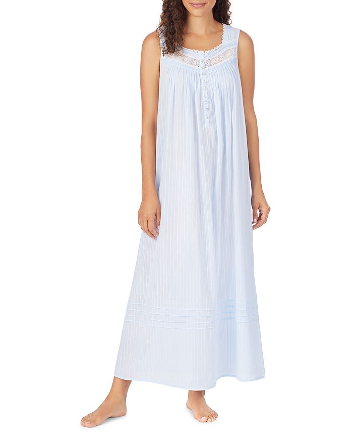 Eileen West Cotton Dobby Striped Lace Trim Ballet Nightgown In Blue
