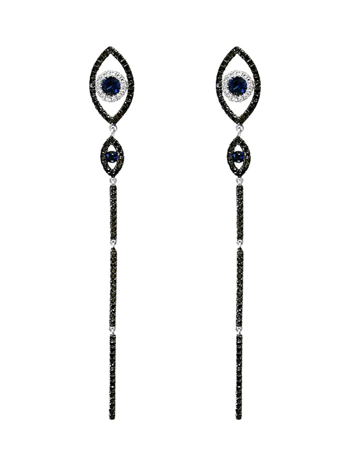 Bloomingdale's Blue Sapphire And Black & White Diamond Evil-eye Linear Drop Earrings In 14k White Gold - 100% Exclu In White/black