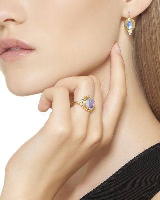 18K Yellow Gold Small Classic Oval Earrings with Blue Moonstone & Diamonds