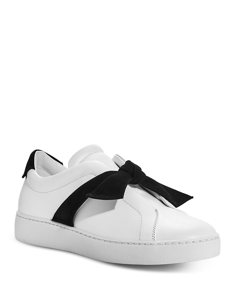 Alexandre Birman Clarita Bow-embellished Suede-trimmed Leather Slip-on Sneakers In Black/white