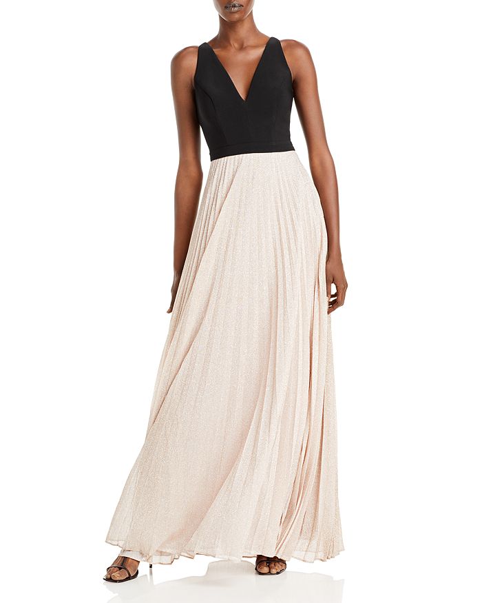 Aqua Colorblocked Pleated Gown - 100% Exclusive In Black/blush