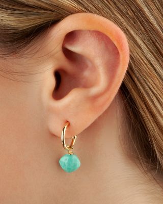 Turquoise Dangle Mini Hoop Earrings in 14K Yellow Gold 