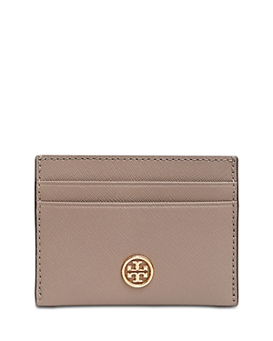 Tory Burch Robinson Leather Card Case In Gray Heron/gold