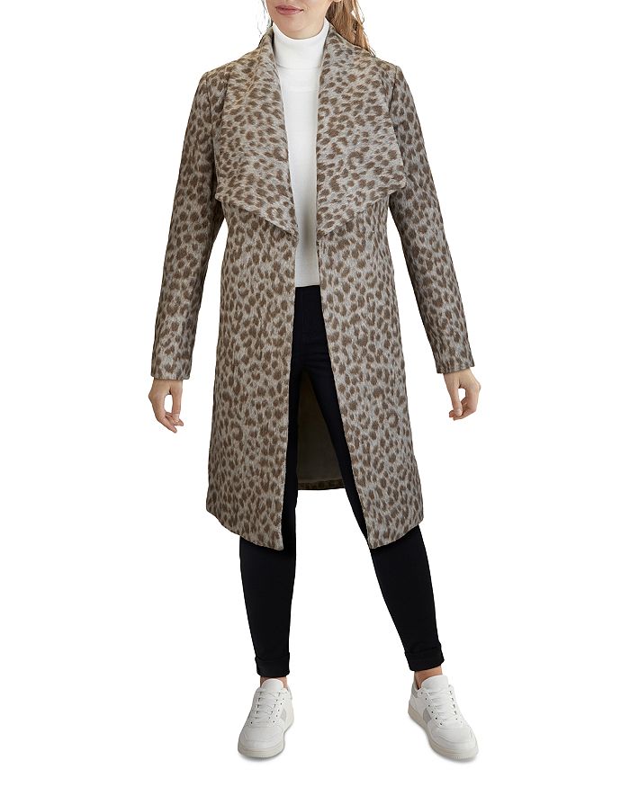 Cole Haan Leopard Wrap Coat In Taupe / Silver