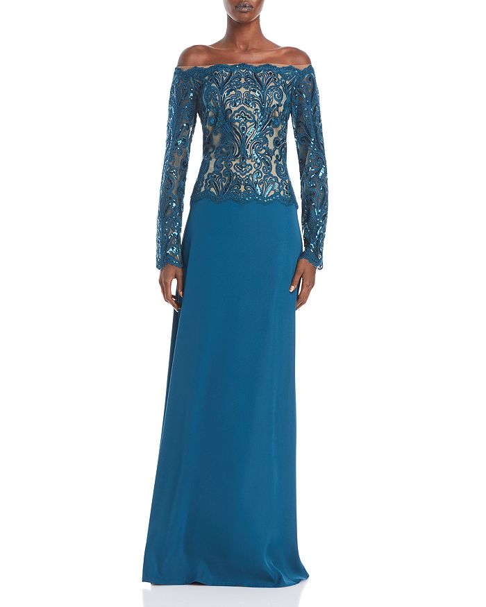 Tadashi Shoji Sequined Lace Off-the-shoulder Gown In Cerulean/navy