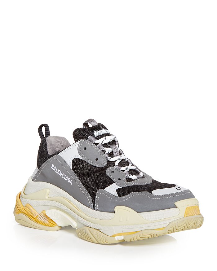 Balenciaga Triple S Leather And Mesh Trainers In Gray/yellow