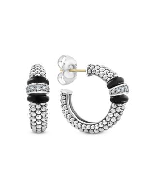 Sterling Silver Black Caviar Diamond & Black Ceramic Hoop Earrings