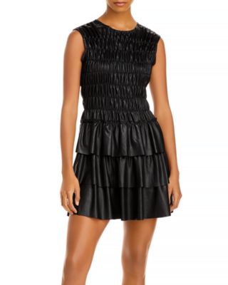 knee length dresses for ladies Claret Corduroy and Vegan Leather Tiered Dress with Drawstring Detail at  Waist