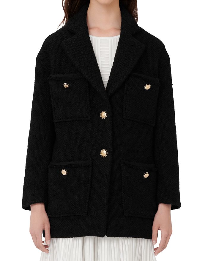Maje Guiliana Tweed Coat In Black