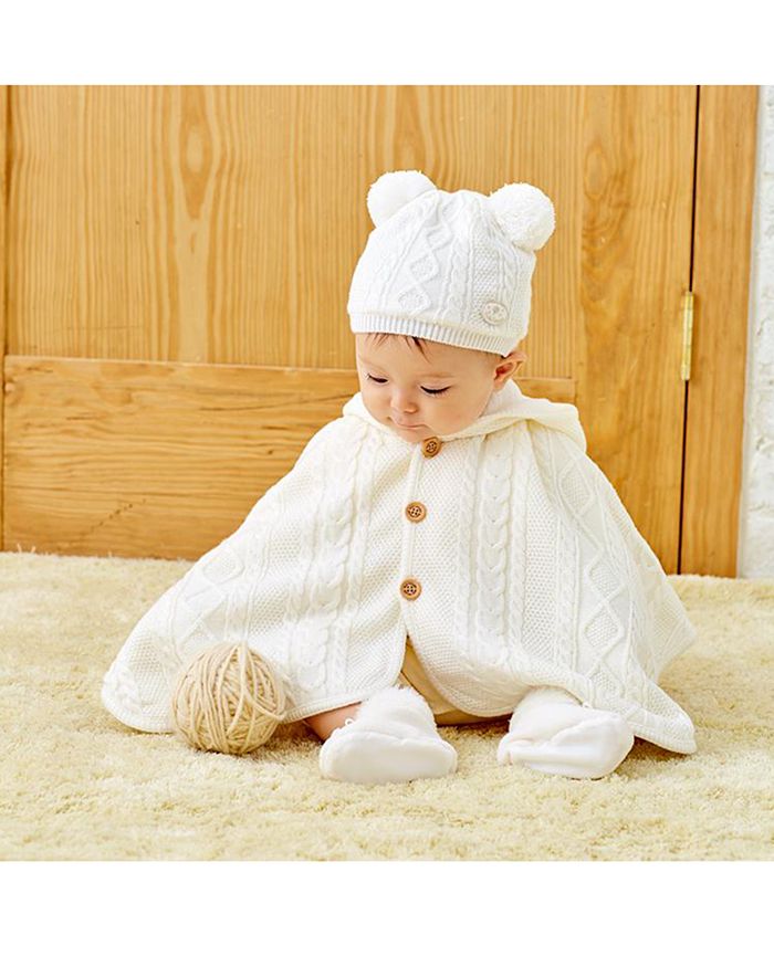 Miki House Kids' Unisex Cable Knit Hooded Poncho - Baby In White