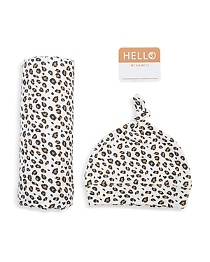 Lulujo Girls' 3 Pc. Hello World Leopard Print Hat, Blanket & Name Tag Set - Baby