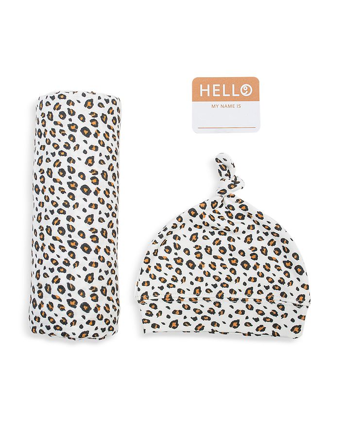 Bestever Kids' Girls' 3 Pc. Hello World Leopard Print Hat, Blanket & Name Tag Set - Baby In White