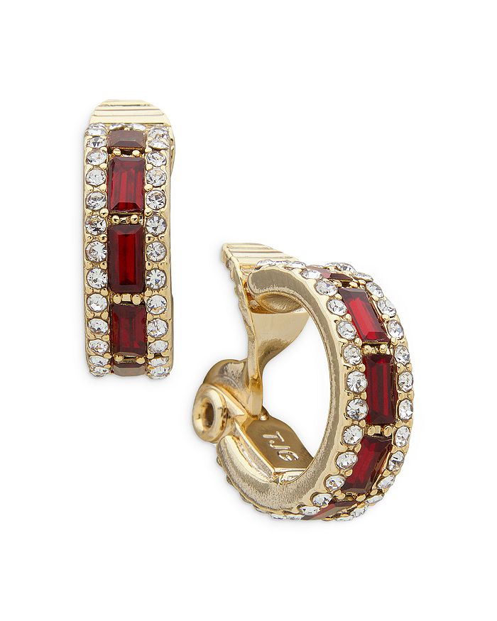 Ralph Lauren Lauren Lauren  Pave & Red Stone Clip On Hoop Earrings In Gold Tone