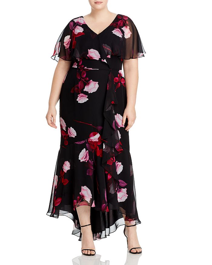 Adrianna Papell Plus Rose Print Chiffon Dress In Magenta Multi