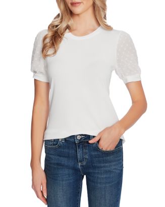 CeCe Sportswear Women's Puff Sleeve Mix Media Knit TOP, Soft Ecru, SM