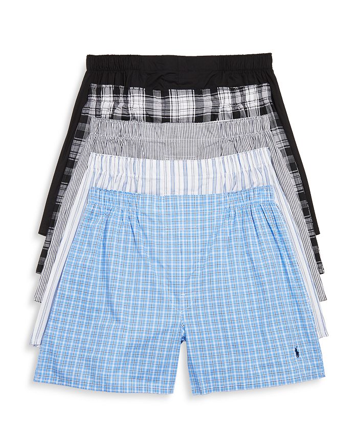 Shop Polo Ralph Lauren Woven Boxers, Pack Of 5 In Gray/blue Plaid Combo