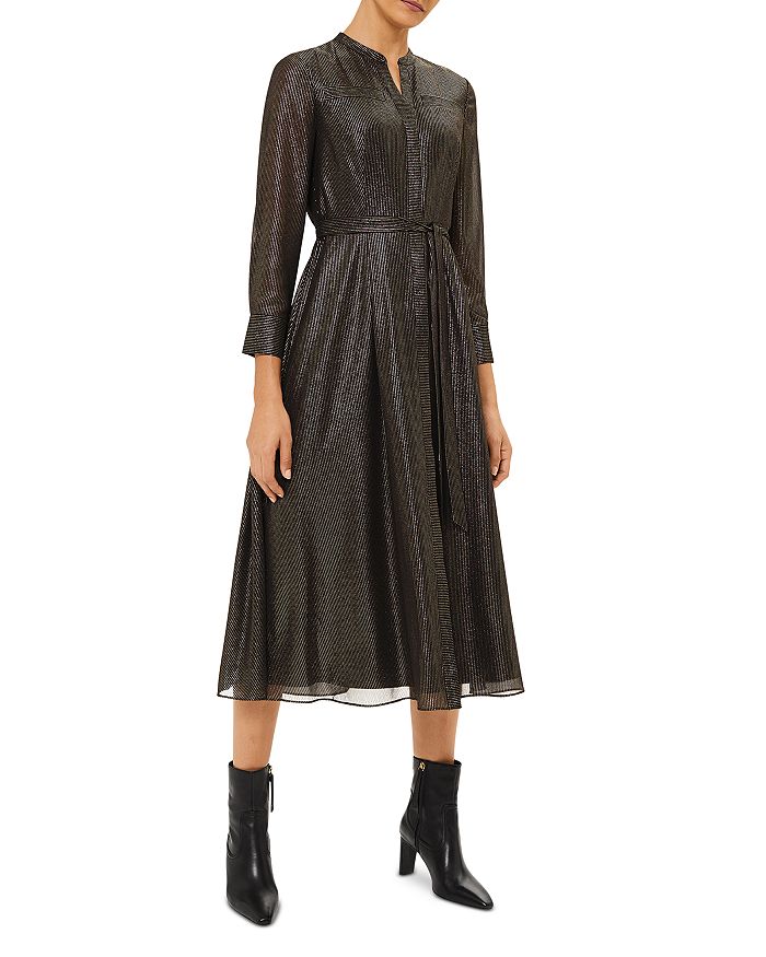 slim fit dress slacks Hope & Henry Girls' Organic Long Sleeve Ruffle Collar Sweater Dress, Black with Gold, 4