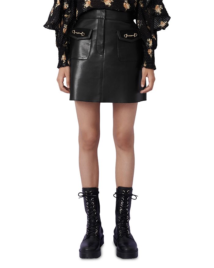 Maje Jelfie Leather Horsebit Detail Mini Skirt In Black
