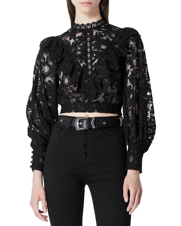 THE KOOPLES HIGH NECK RUFFLED LACE TOP,FTOP21045K