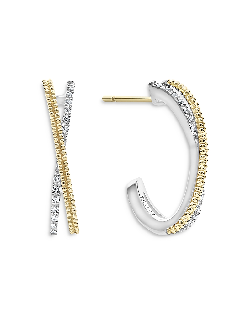 Lagos Sterling Silver & 18k Yellow Gold Caviar Lux Diamond Hoop Earrings In Silver