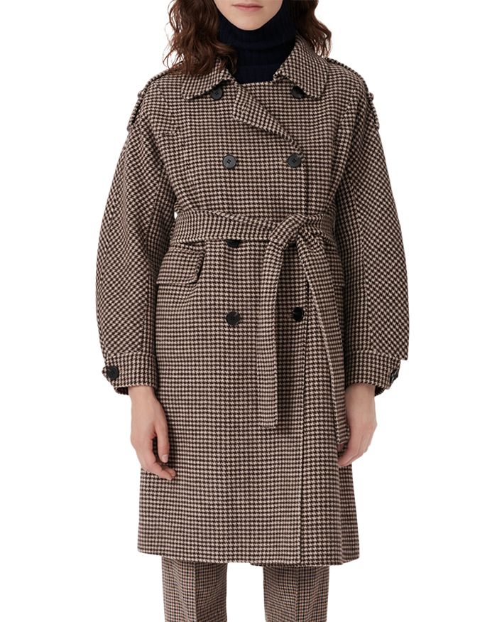 Maje Greg Belted Dogtooth Patterned Coat In Brown