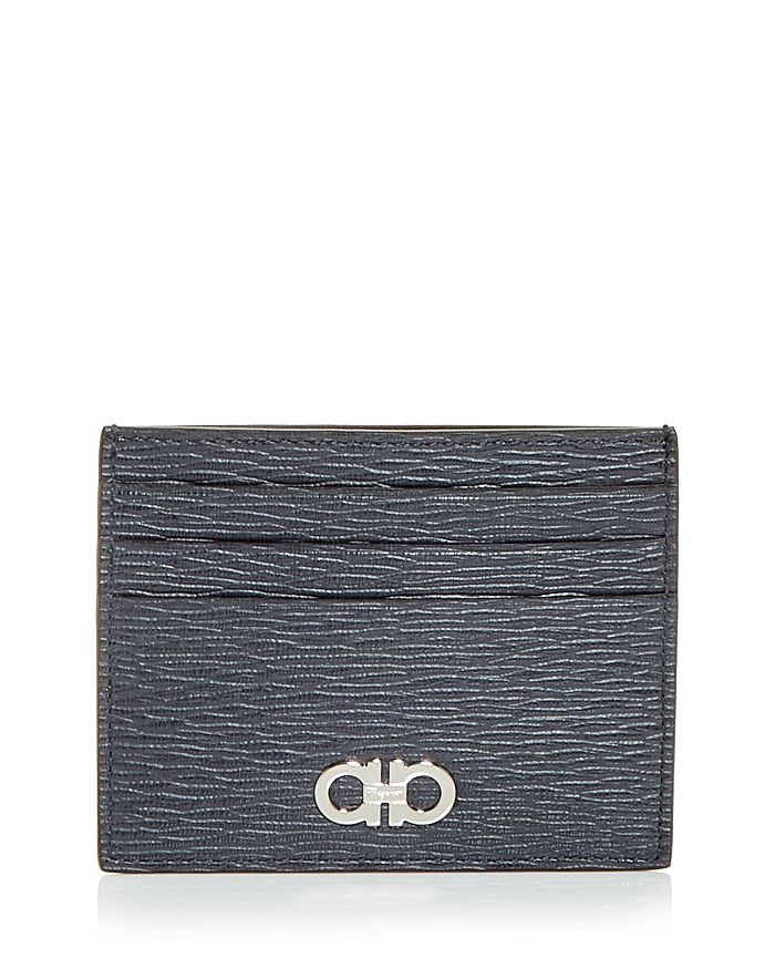 Ferragamo Revival Leather Card Case In Wegner Gray/nero
