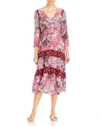 Johnny Was Mixed Floral Silk Tiered Midi Dress | Bloomingdale's