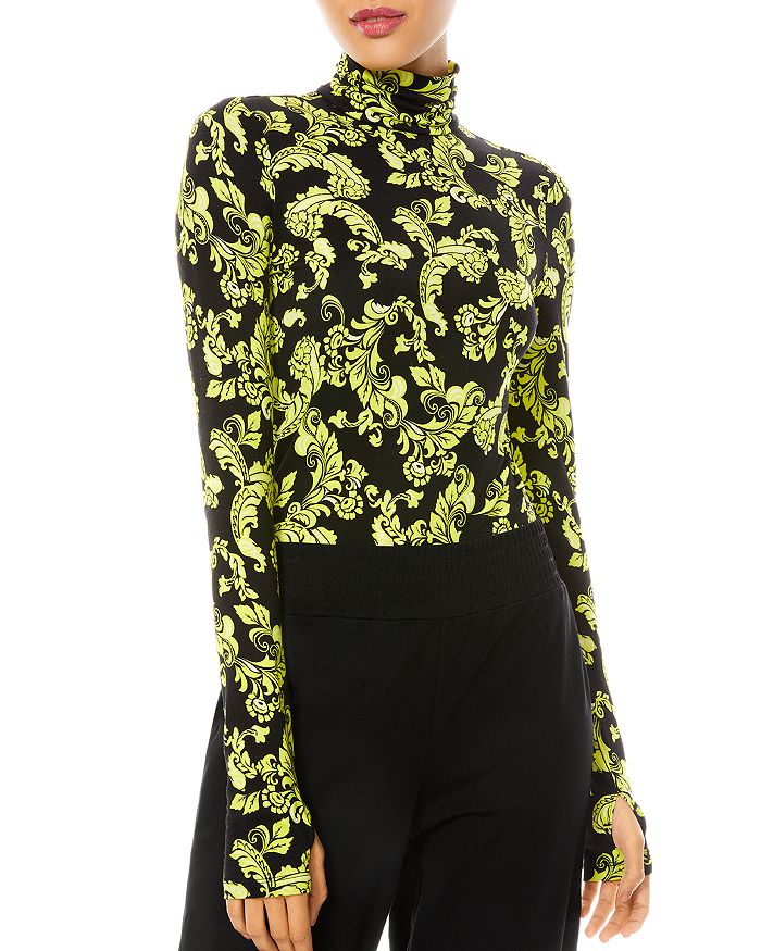 Alice And Olivia Delaina Damask Print Long Sleeve Turtleneck Top In Show Me Love/lime Punch