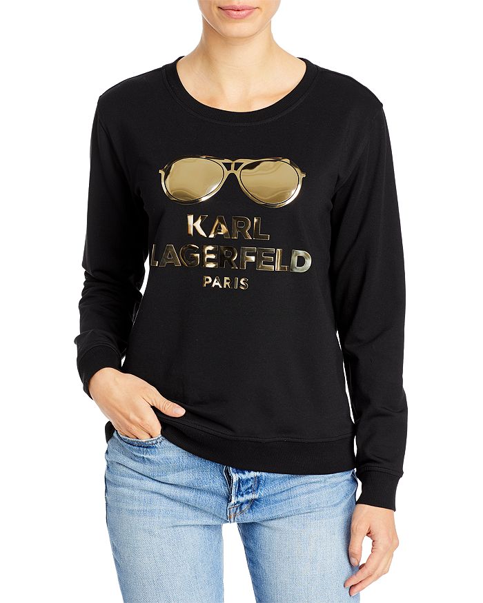 Karl Lagerfeld Metallic Sunglasses Logo Sweatshirt In Black/gold