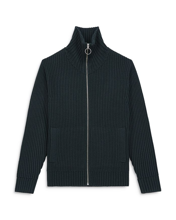 The Kooples Ribbed Knit Slim Fit Full Zip Funnel Neck Cardigan In Green