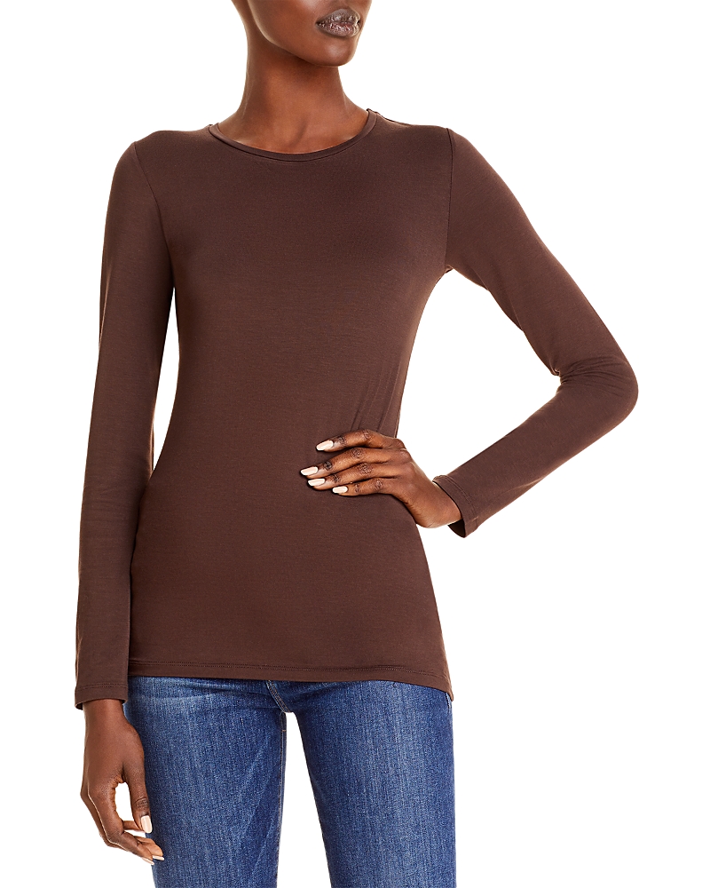 Majestic Soft Touch Flat-edge Long-sleeve Crewneck Top In Coffee