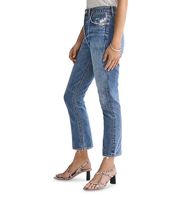 Shop Agolde Riley High Rise Cropped Straight Jeans In Frequency