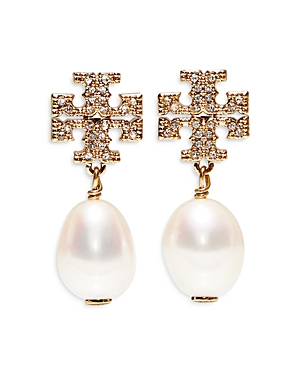 Shop Tory Burch Kira Pave Cultured Pearl Drop Earrings In White/gold