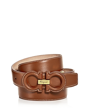 Ferragamo Men's Double Gancini Buckle Leather Belt In Mogensen Brown/naturale