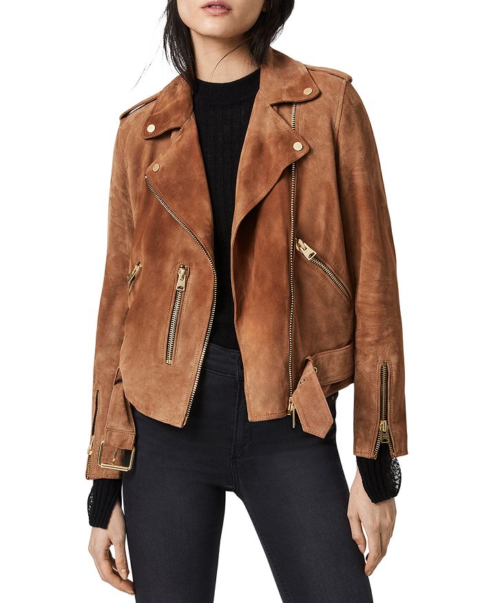 Allsaints Womens Rust Brown Balfern Suede Biker Jacket 10 In Tan Brown